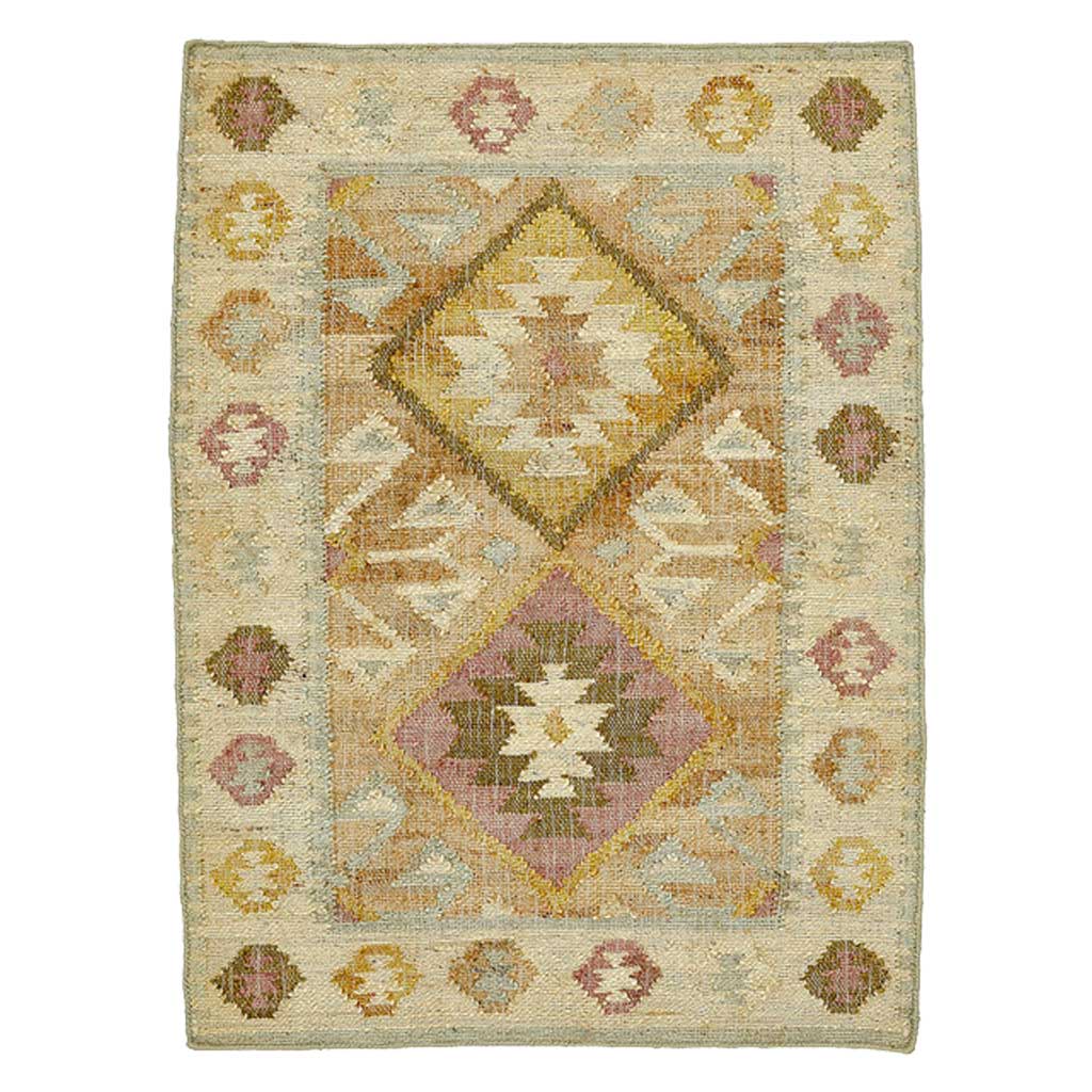 Valencia Jute Kelim Gulvtæppe - Natural/Rosa/Gul/Lyseblå - Liv Interior